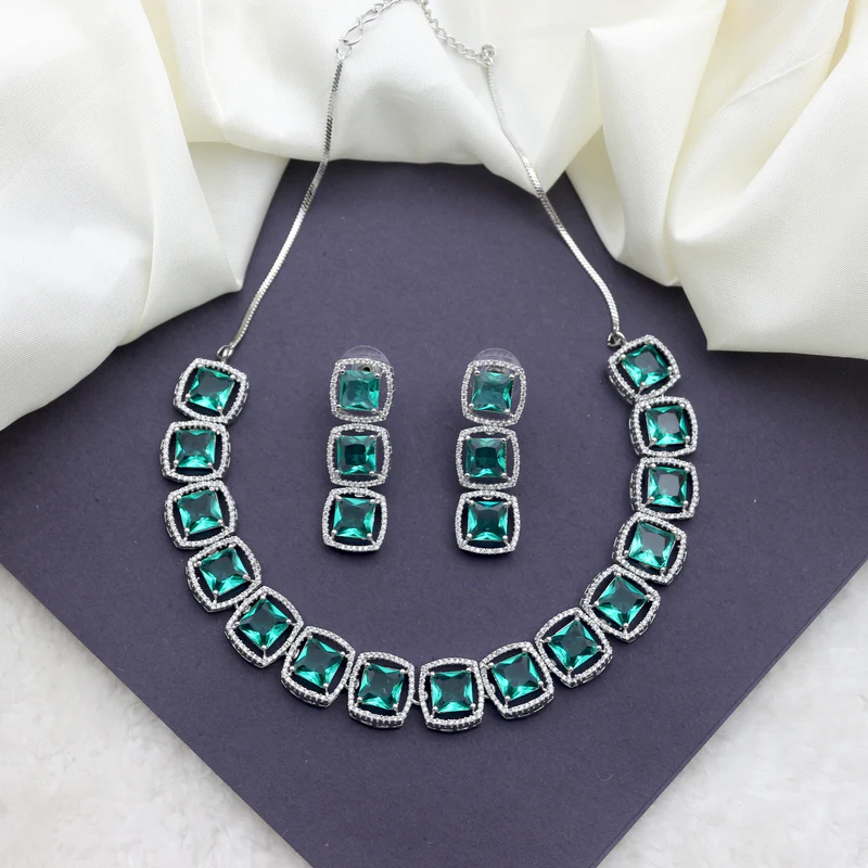 Diamond Look AD Square Necklace - Rama Blue